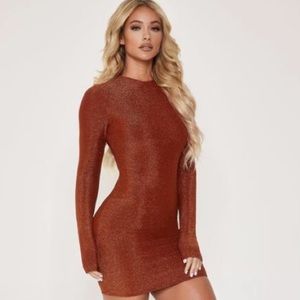 SHINY LONG SLEEVE MINI DRESS - ORANGE